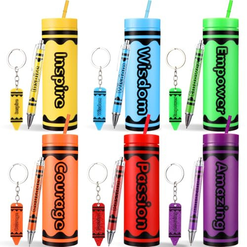 Landical 18 Pcs Christmas Teacher Gifts Bulk 6 Sets Thank You Gifts 16 oz Crayon Skinny Plastic Tumblers with Lids and Straws & Keychains & Ballpoints Double Wall Crayon Matte Cups for Drinks | Amazon (US)