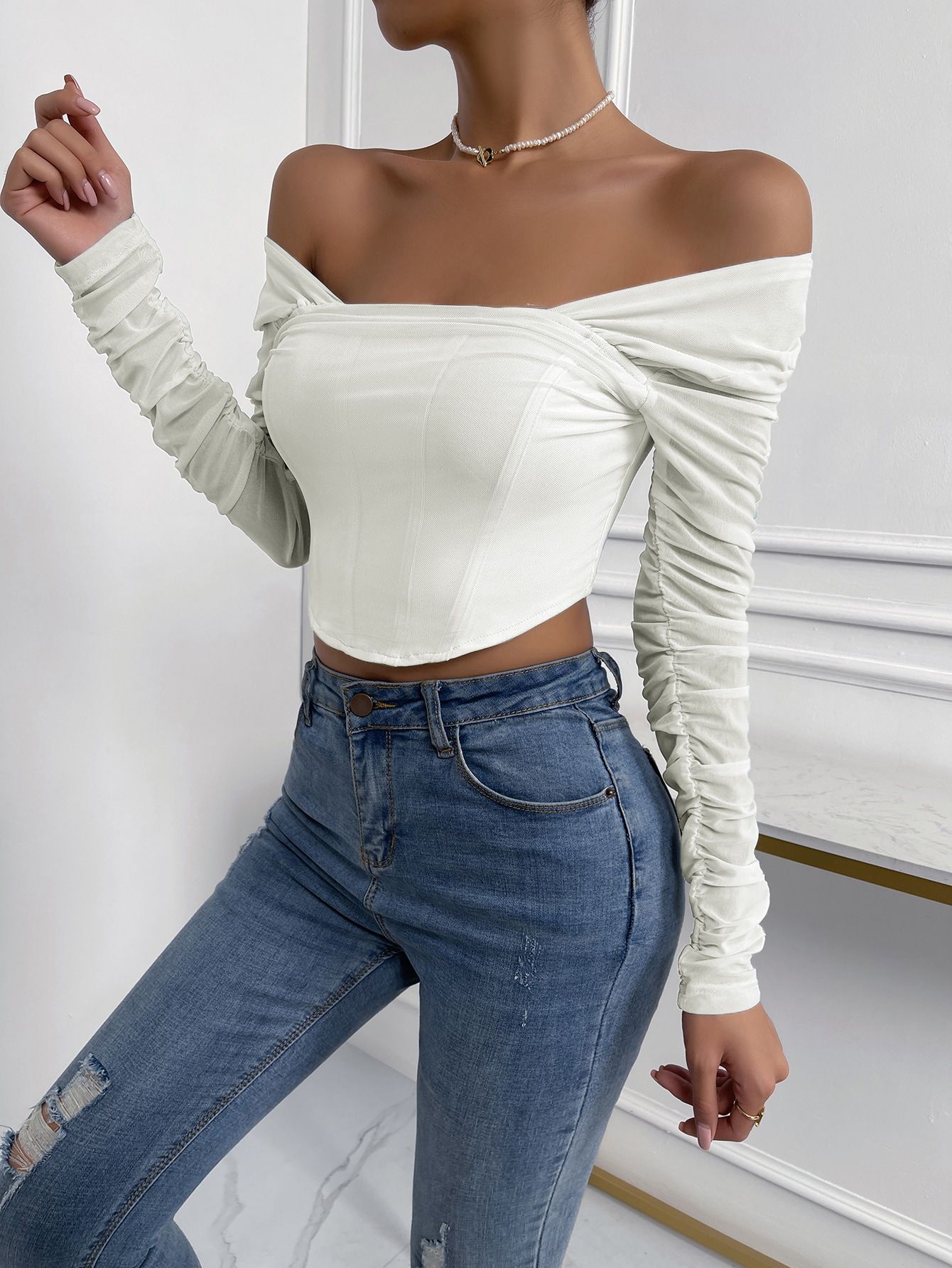 Off Shoulder Ruched Mesh Crop Top | SHEIN