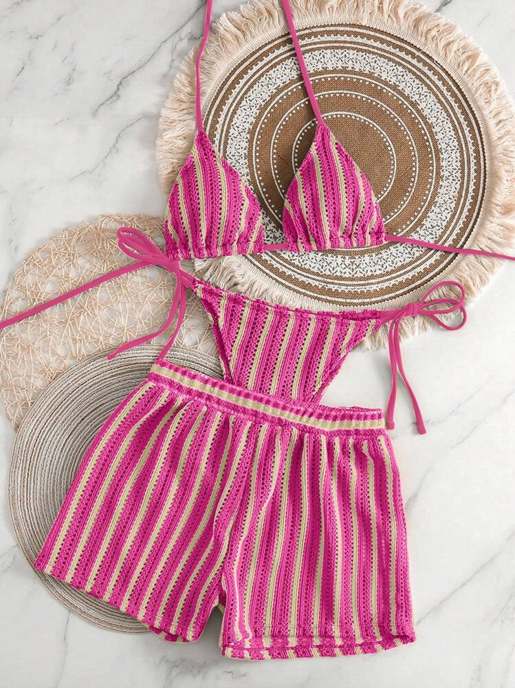 Swim Vcay 3pcs/Set Bohemian Style Crochet Fabric Drawstring Swimsuit Cover Up Bikini Set For Summer Beach Vacation | SHEIN