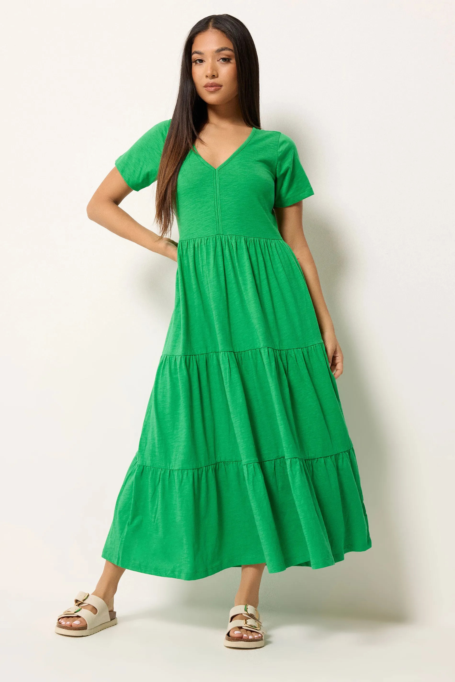 Bright Green M&Co Petite Notch Neck Tiered Cotton Maxi Dress | Debenhams | Debenhams UK
