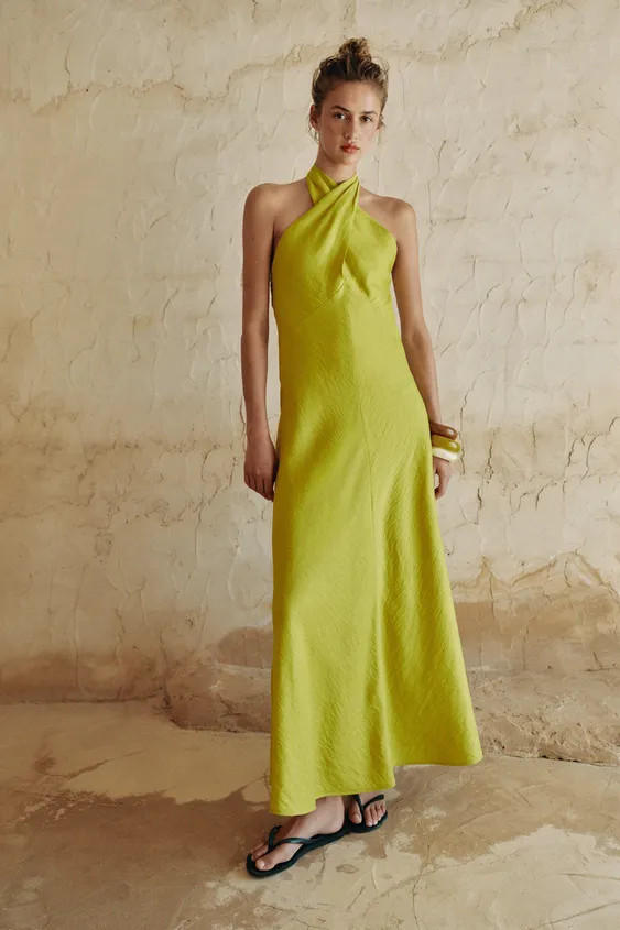 LINEN WRAP HALTER MIDI DRESS | Zara US
