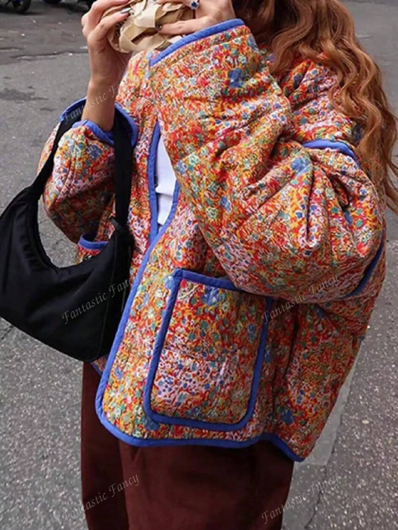 Women's Christmas Casual Irregular Print Pocket Warm Jacket, Autumn/Winter | SHEIN USA | SHEIN