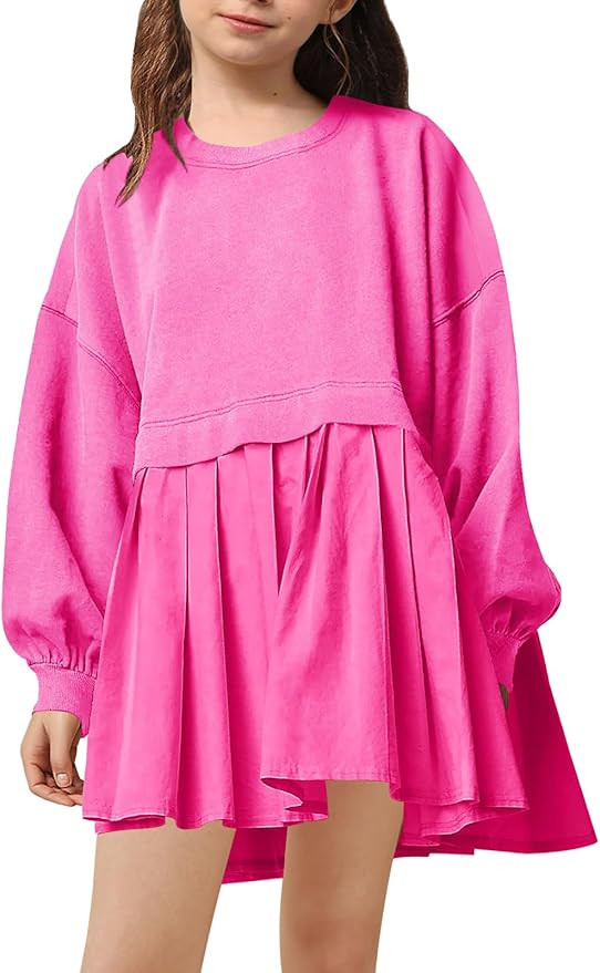 Batermoon Girls Pleated Sweatshirt Dresses Kids Fashion Long Sleeve Crew Neck Mini Dress 5-14 Yea... | Amazon (US)