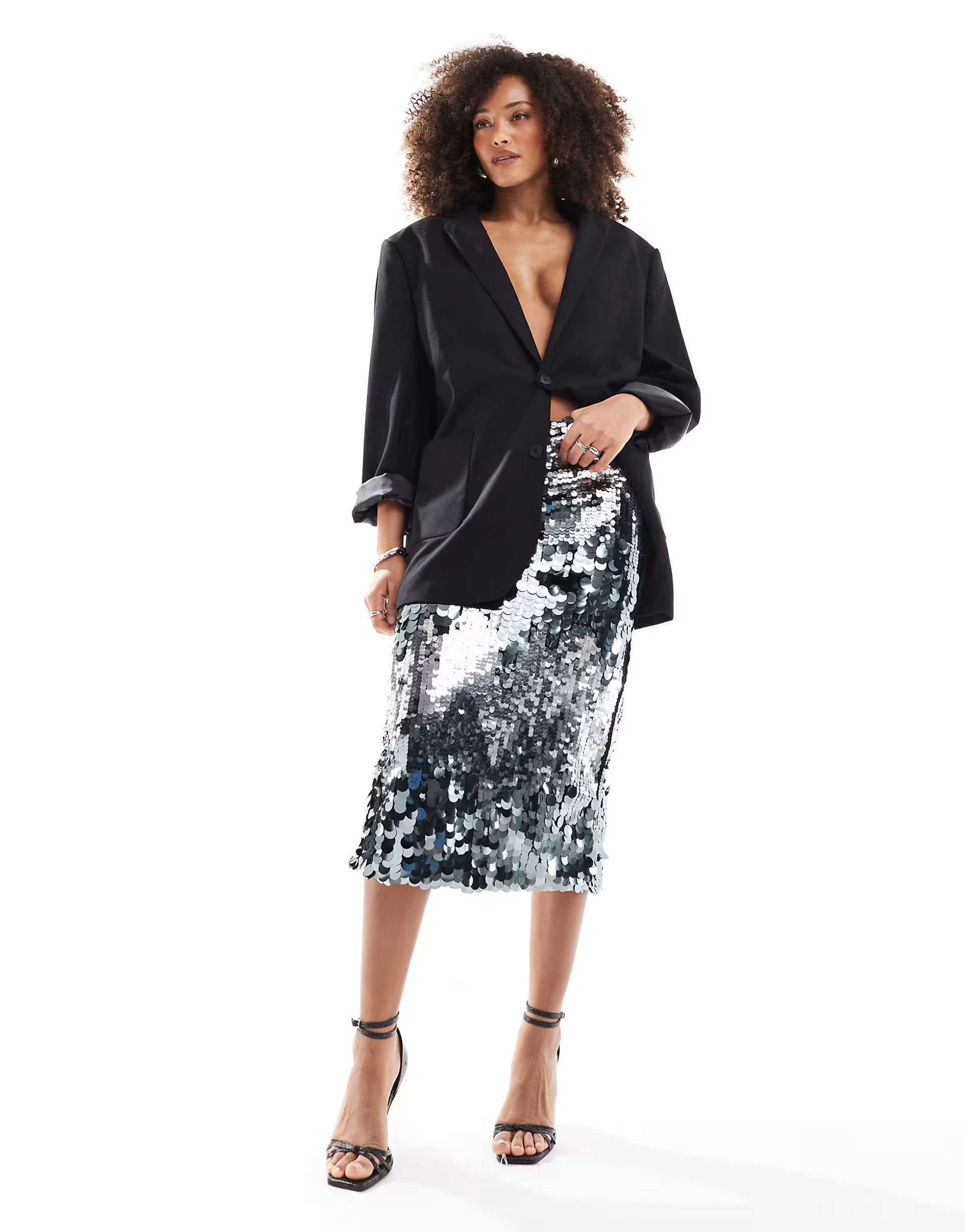 Lovedrobe Zig-zag sequin midi skirt in silver | ASOS (Global)