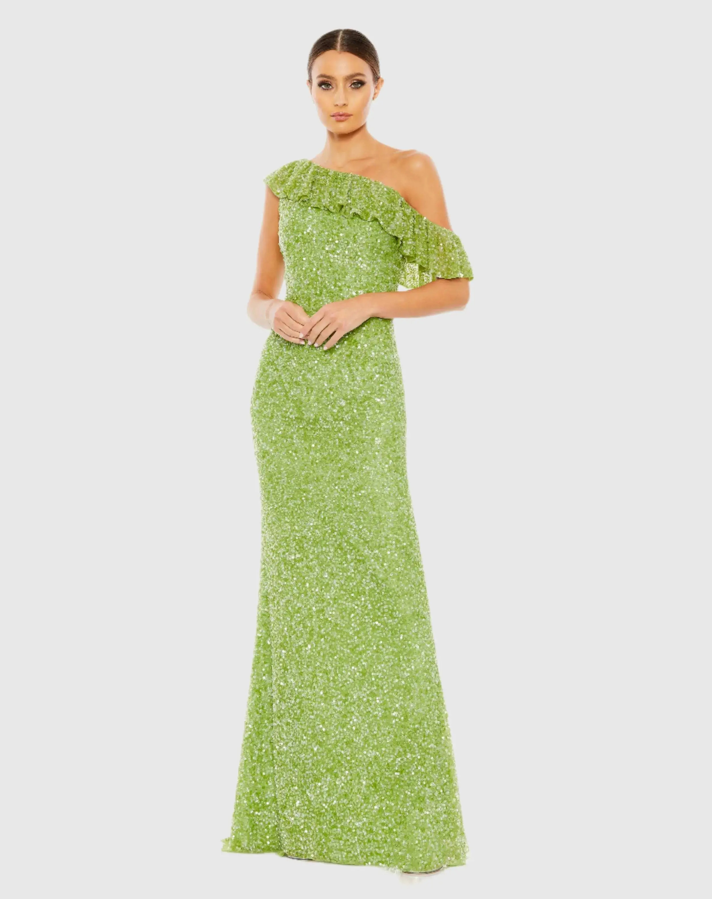 Prom - Mac Duggal - Green Sequined Drop Shoulder Trumpet Gown - US 4 | Mac Duggal
