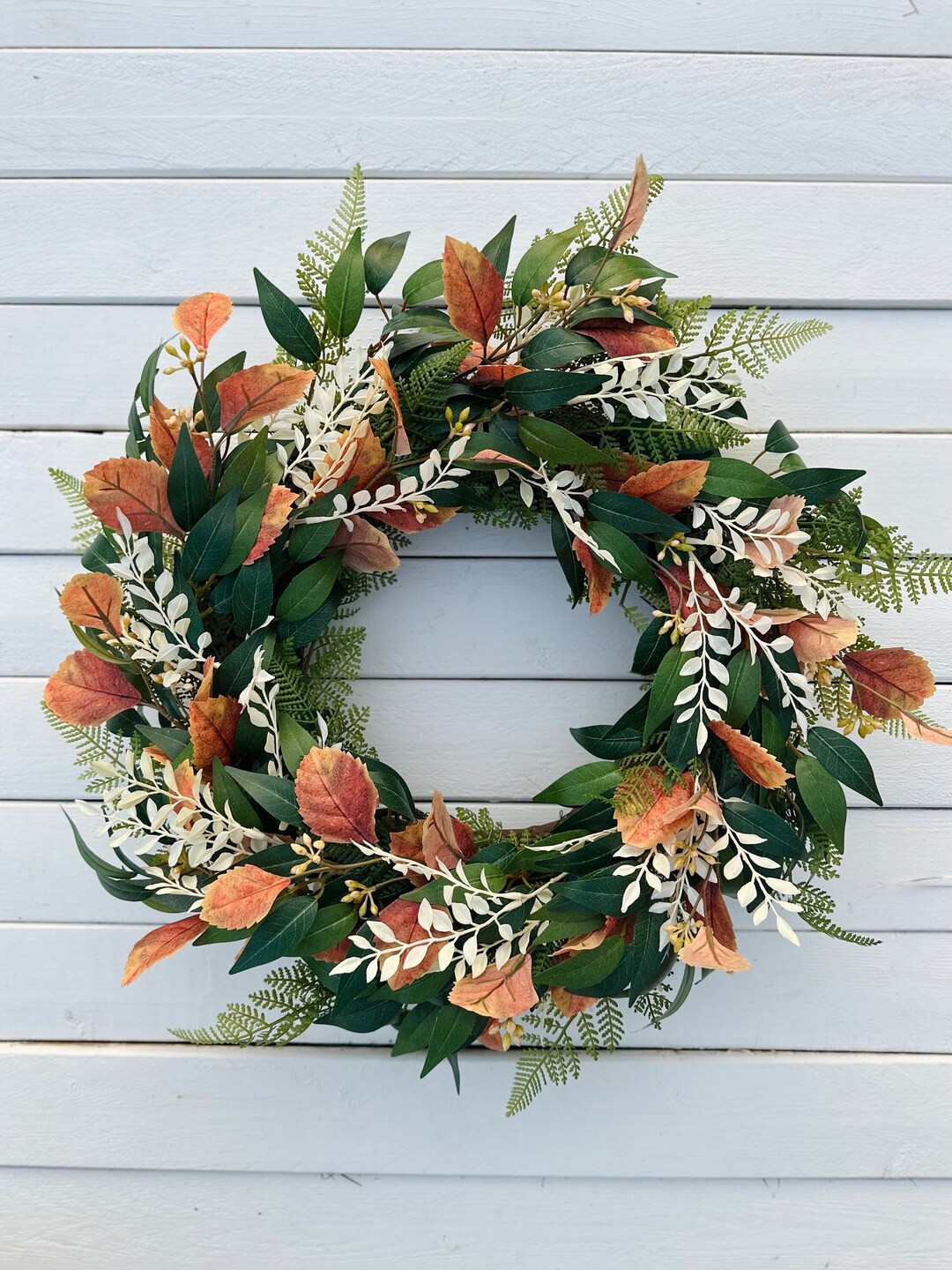 Neutral Fall Greenery Wreath for Front Door, Autumn Door Decor, Orange Beech Leaves, Copper, Terr... | Etsy (US)