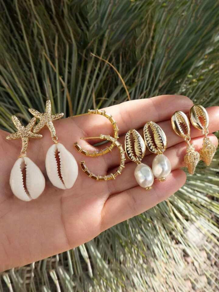 8pcs Bohemian Style Alloy Shell Asymmetric Faux Pearl Conch & Starfish Shaped Drop Earrings For W... | SHEIN
