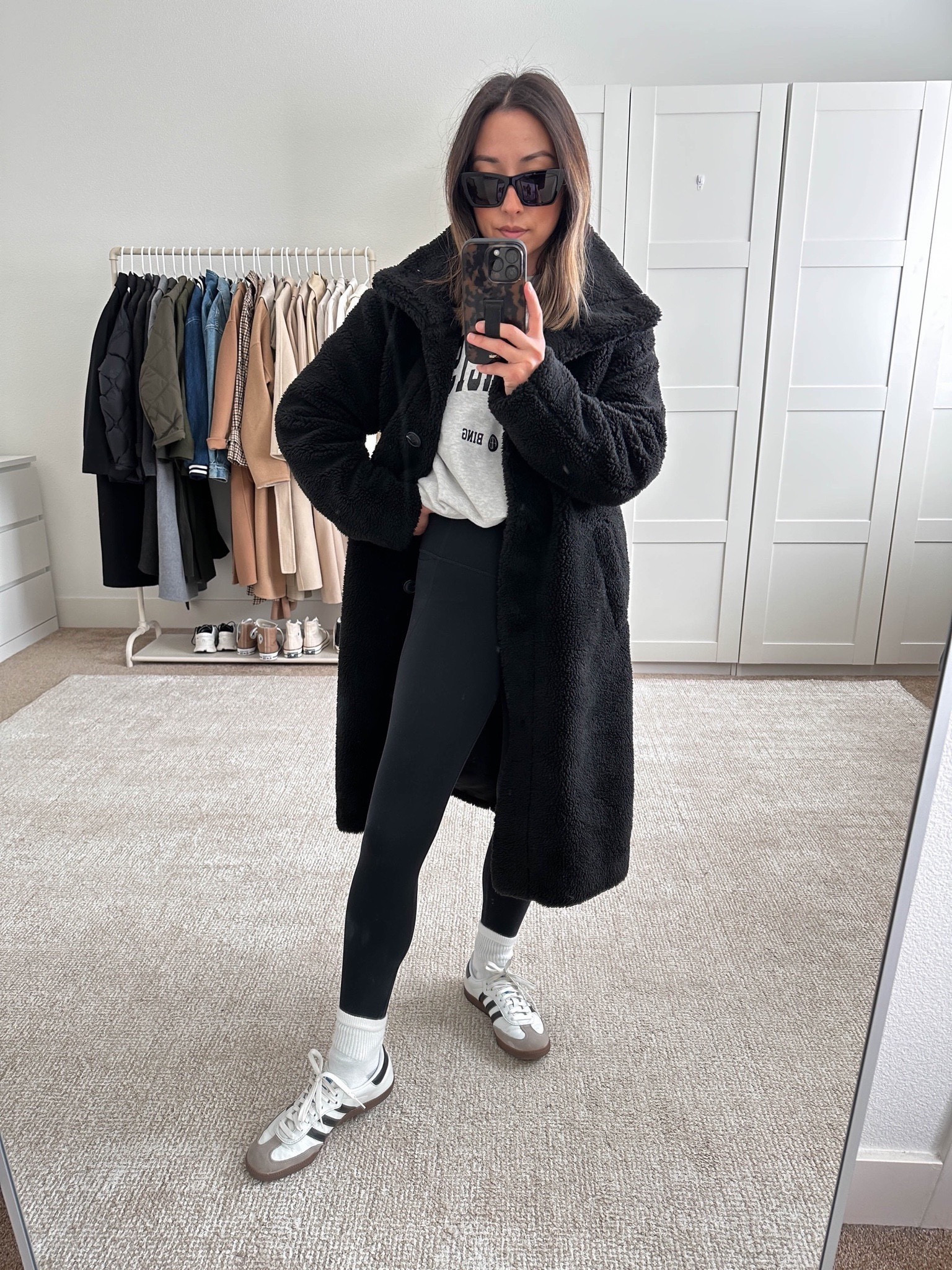 Gap Sherpa coat in black. On sale! Wearing the petite xs. I love these Gap Sherpa coats - the fit and quality are great. I’ve had my beige one for years. They’re lined. 

Gap Sherpa coat petite xs
Anine Bing sweatshirt xs
Amazon leggings xs
Hanes socks
Adidas sambas 4.5 men’s. 
YSL sunglasses  

Fall outfits, fall style, petite coat, Sherpa coat 

#LTKshoecrush #LTKSeasonal #LTKsalealert