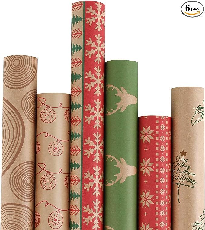 RUSPEPA Christmas Wrapping paper - Brown Kraft Paper with Red and Green Pattern For -Christmas El... | Amazon (US)