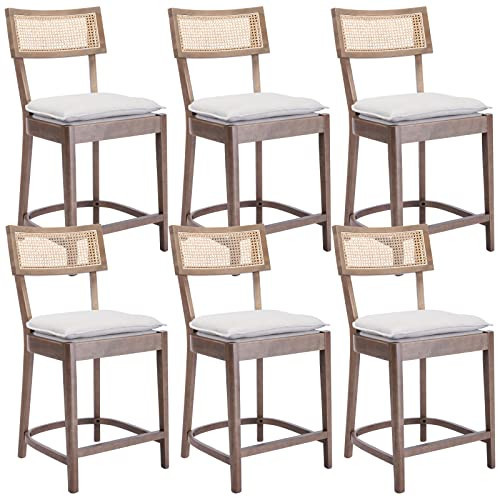QUNINJAY 26" Counter Height Bar Stools Set of 6, Modern Rattan Counter Stools with Linen Upholstered, Vintage Dining Bar Chairs with Cane Back Wooden Barstool for Kitchen Counter Island Home Bar | Amazon (US)