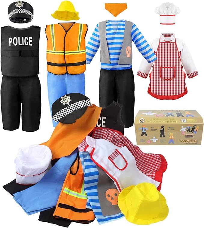 Jeowoqao Boy's Dress Up Costumes Set, Role Play Set 11-pcs Trunk Pirate, Chef, Construction Worke... | Amazon (US)