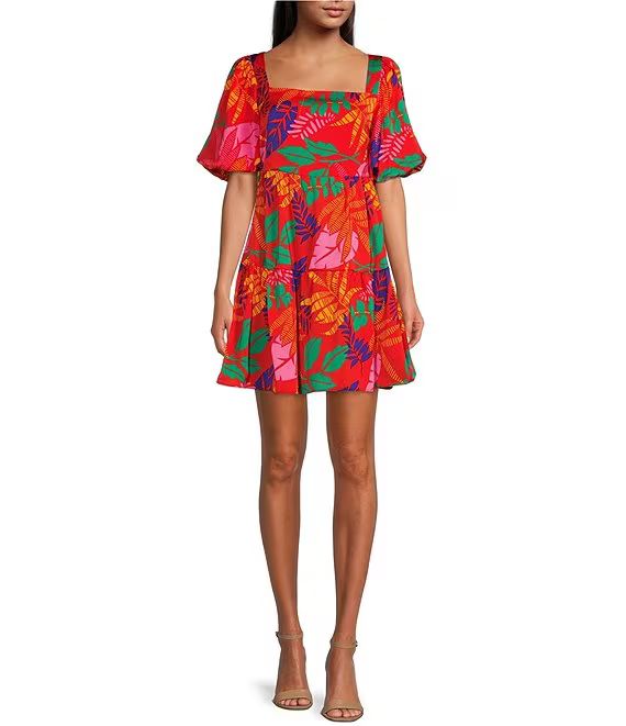 Tropical Leaf Print Square Neck Puffed Sleeve Tiered Ruffle Hem Mini Dress | Dillard's