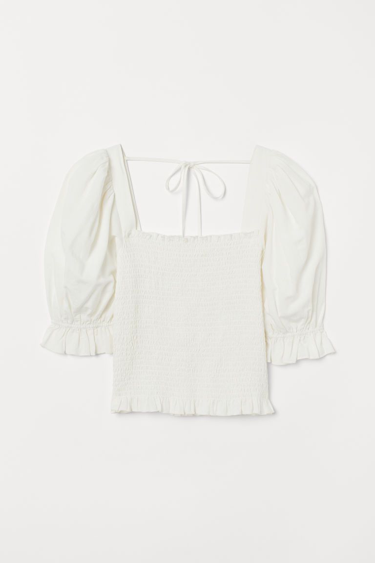 H & M - Puff-sleeved Smocked Blouse - White | H&M (US + CA)