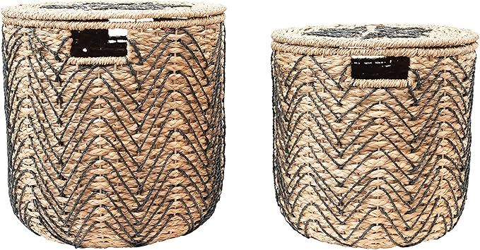 Bloomingville Handmade Woven Bankuan Baskets with Lids, Natural & Black, Set of 2 Storage Box, 2 | Amazon (US)