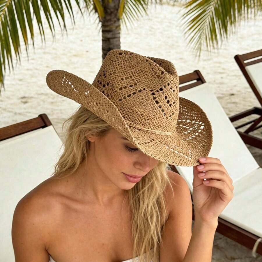 LocalHollow Western Cowboy Hat Combines Straw Material With Retro Design.It Has A Wide Brim And A... | SHEIN
