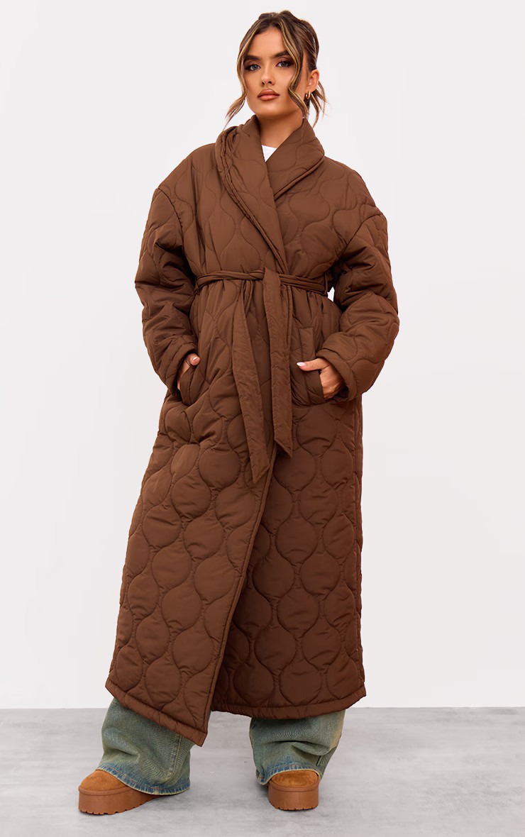 Chocolate Maxi Belted Quited Coat | PrettyLittleThing UK