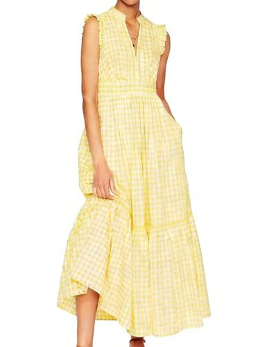 HOULENGS Women's Summer Casual Sleeveless Gingham Maxi Dress 2026 V Neck Ruffle Flowy A Line Tier... | Amazon (US)