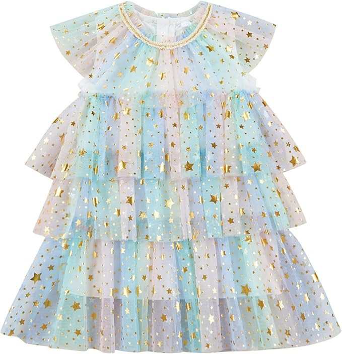 Toddler Baby Girl Sequins Dress Sleeveless Rainbow Stars Print Mesh Tulle Dress Summer Layered Pr... | Amazon (US)