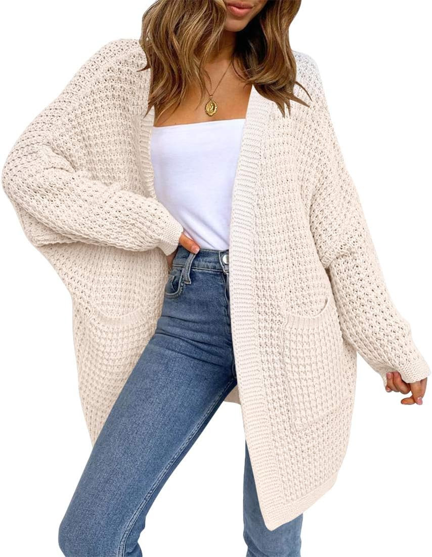 LOGENE Women's Oversized Batwing Sleeve Chunky Knit Open Front Long Cardigan Sweaters with Pockets | Amazon (US)