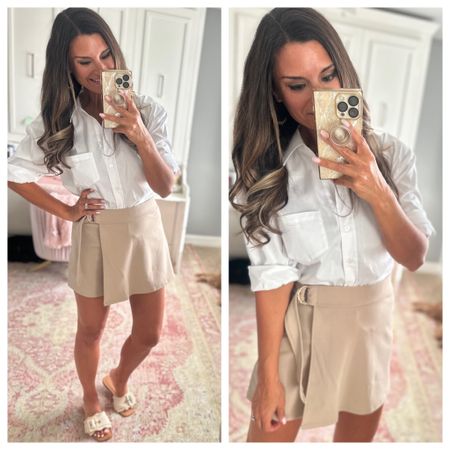 Cute look for summer in a white button down and khaki skort - Everything is true to size. Wearing a small in the top and skort  

#LTKOver40 #LTKFindsUnder50 #LTKStyleTip