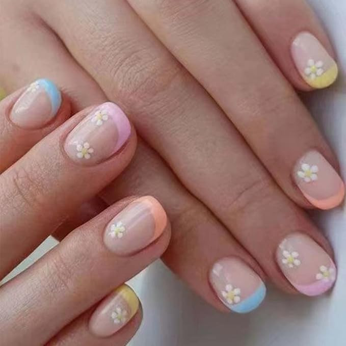 French Tip Press on Nails Short Nails for Women with Flowers Design Colorful Stick on Nails Squar... | Amazon (US)