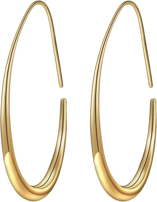 Lightweight Teardrop Hoop Earrings for Women - 14k Gold/White Gold Plated Large Oval Pull Through... | Amazon (US)
