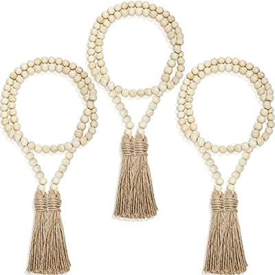 3 Pieces Wood Bead Garlands Rustic Bead Garlands Wooden Garland Beads with Tassels 3.7 Feet Farmh... | Amazon (US)