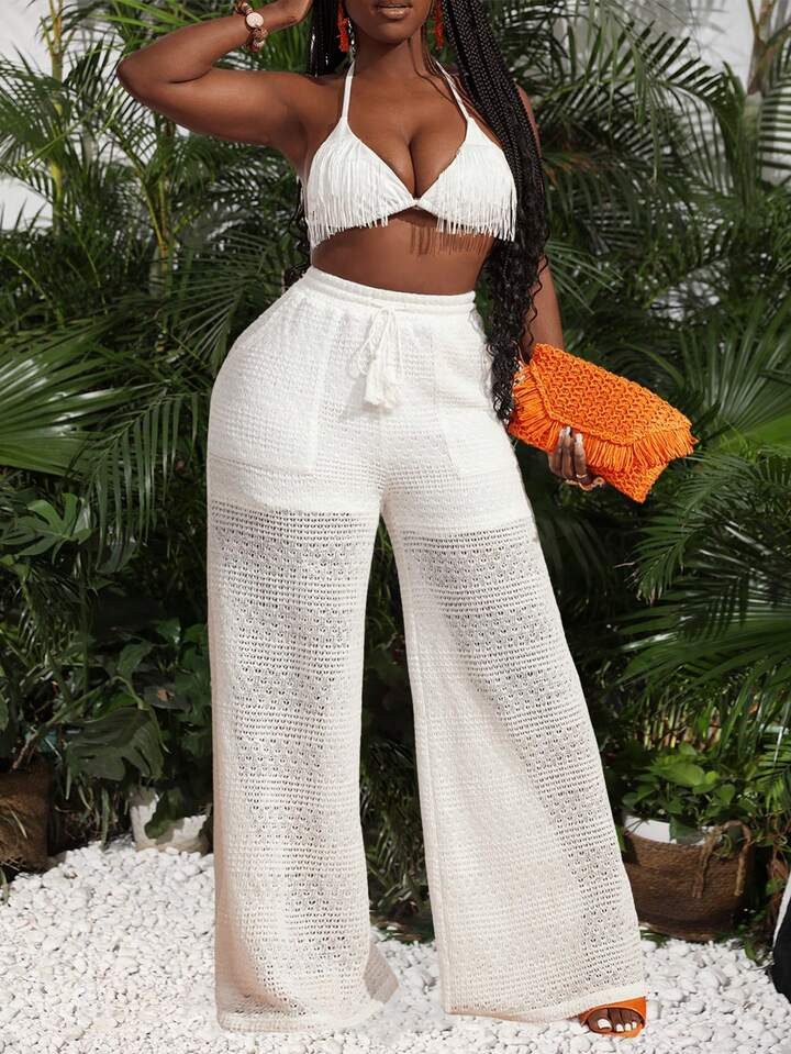 SHEIN Slayr Loose Fit Wide Leg White Textured Trousers For Vacation Or Leisure | SHEIN