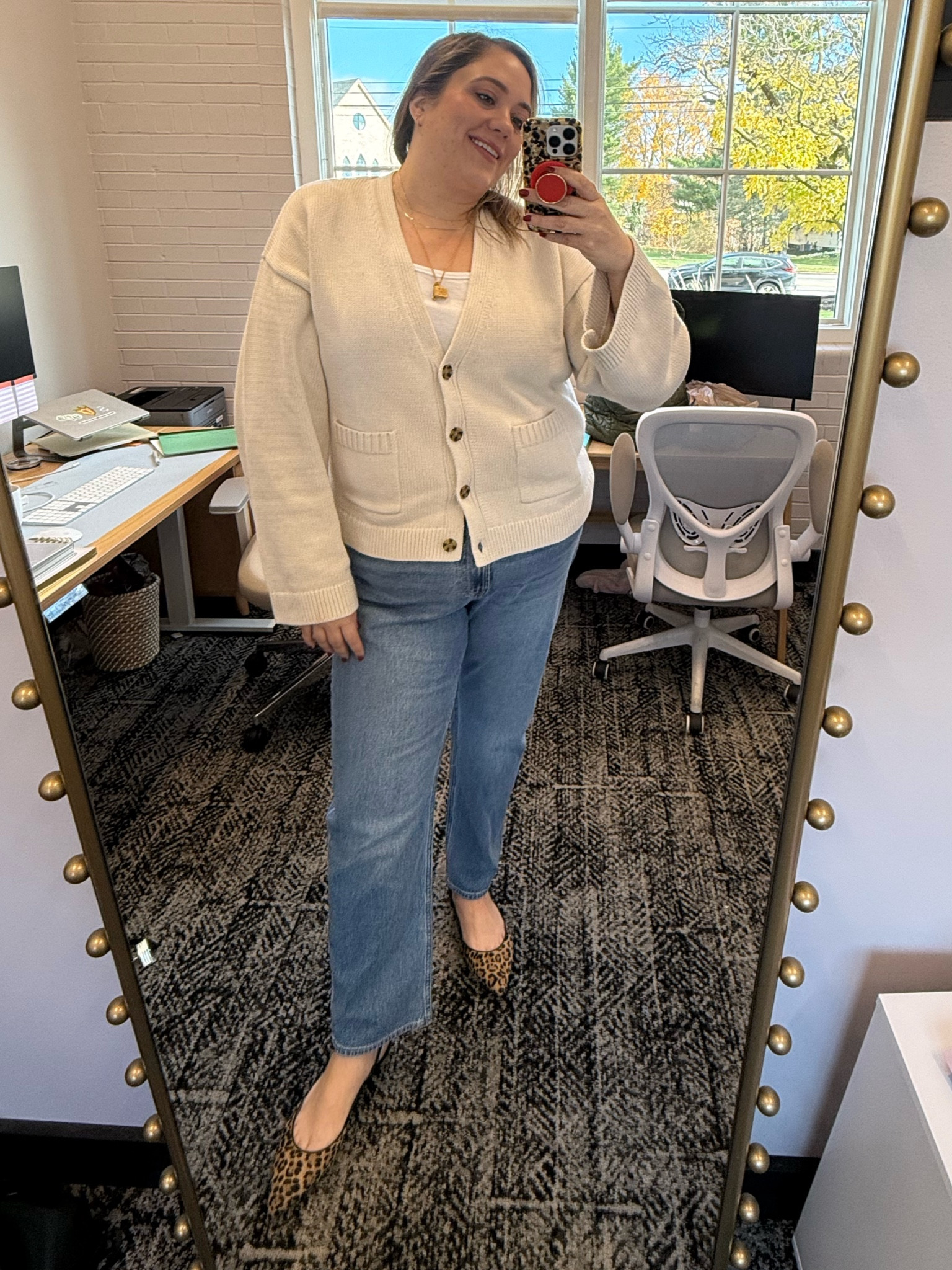 I got ready for work today. I haven't been as productive as I usually am in November. I think it's because I haven't been showing up to work in anything but comfies. So trying it out. 

I love this cardigan. It looks so expensive. And it's not itchy. At all. The sleeves are also long! I am wearing the  XXL tall version. Also this is the first time since 2010 I can wear a size 20 in jeans. Gap jeans used to be my favorite. I found these and love them. As an apple shape I prefer a slim leg - like straight or slim straight.  