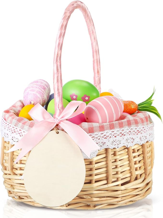 Wicker Picnic Basket Easter Basket Tote Bags with Name Tag Wooden Egg Easter Candy Storage Wine B... | Amazon (US)