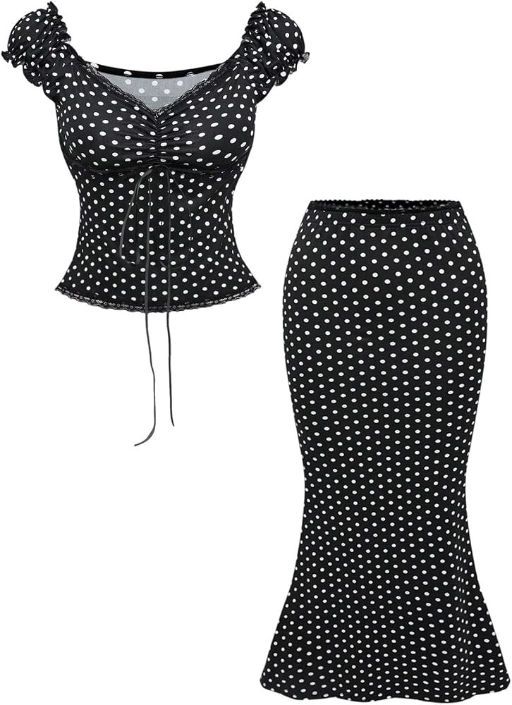 SweatyRocks Women 's Polka Dots 2 Piece Skirt Sets Cap Sleeve Lace Ruched Top And Fishtail Skirts... | Amazon (US)