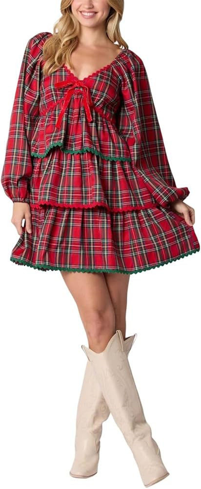 Women's Red Plaid Fall Dress Red Plaid Fall Dress for Women Christmas Plaid Babydoll Dresses Casu... | Amazon (US)