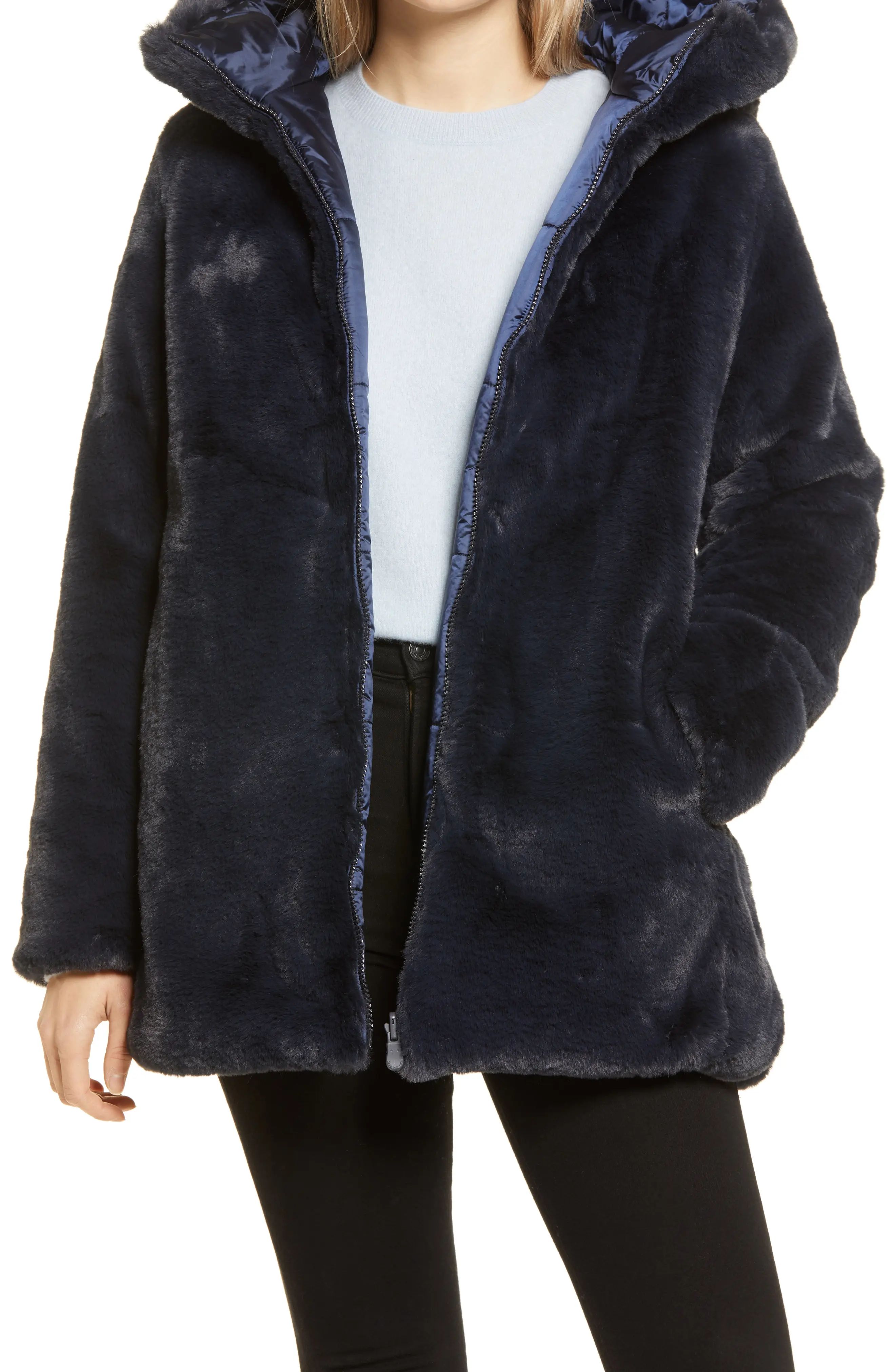 Women's Save The Duck Waterproof Reversible Hooded Faux Fur Coat, Size X-Large - Blue | Nordstrom