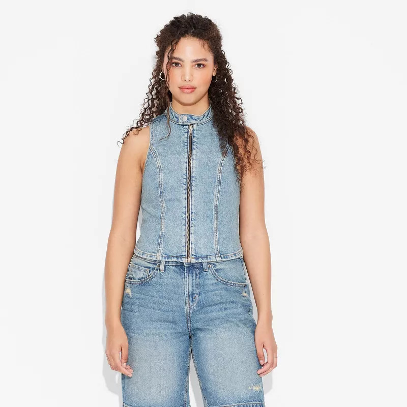 Women's Zip-Up Denim Moto Vest - Wild Fable™ Light Wash XXS | Target
