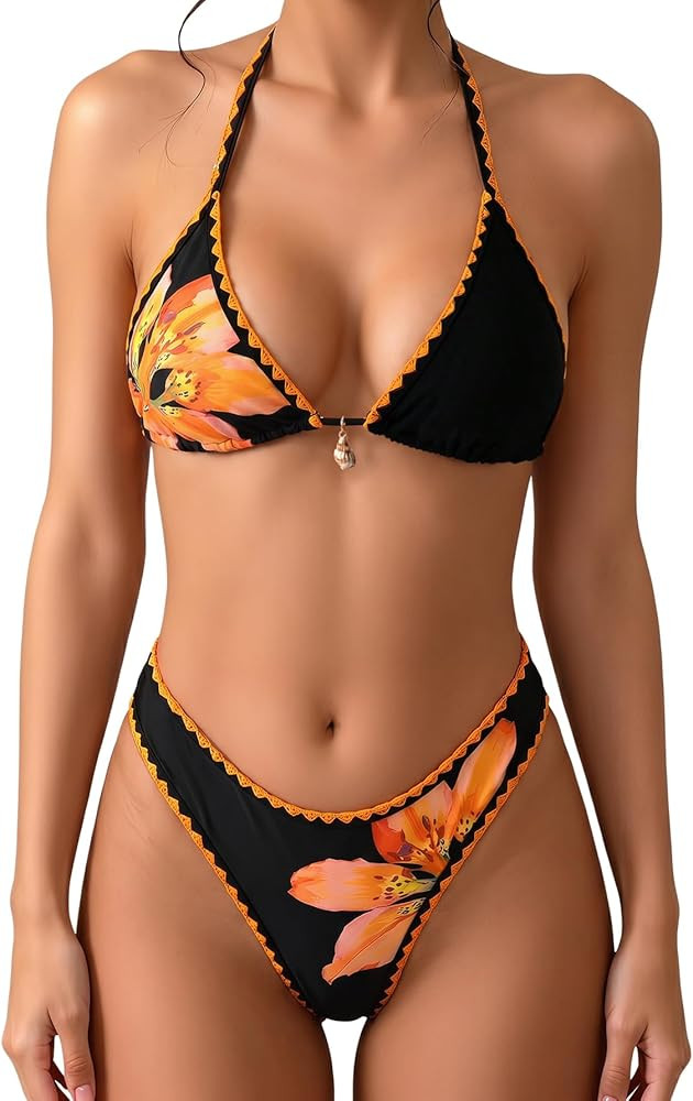 MakeMeChic Women's Polka Dots Triangle Thong Bikini Sets Floral Cute Bathing Suit Swimsuits | Amazon (US)
