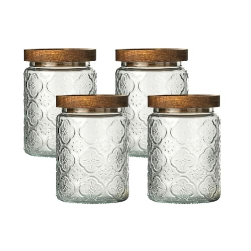 Snminetal Vintage Glass Kitchen Storage Counter Jar, Kitchen and Pantry Glass Storage, with Airtight Wood Lid for Cookies, Candy, Coffee Tea Beans, Grains,Food Storage (plum-pattern*4) | Amazon (US)