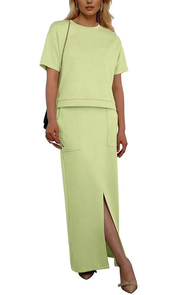 GRECERELLE Women Summer Casual 2 Piece Sets Crew-Neck Wrinkle-Free Top & Elastic Waist Maxi Front... | Amazon (US)