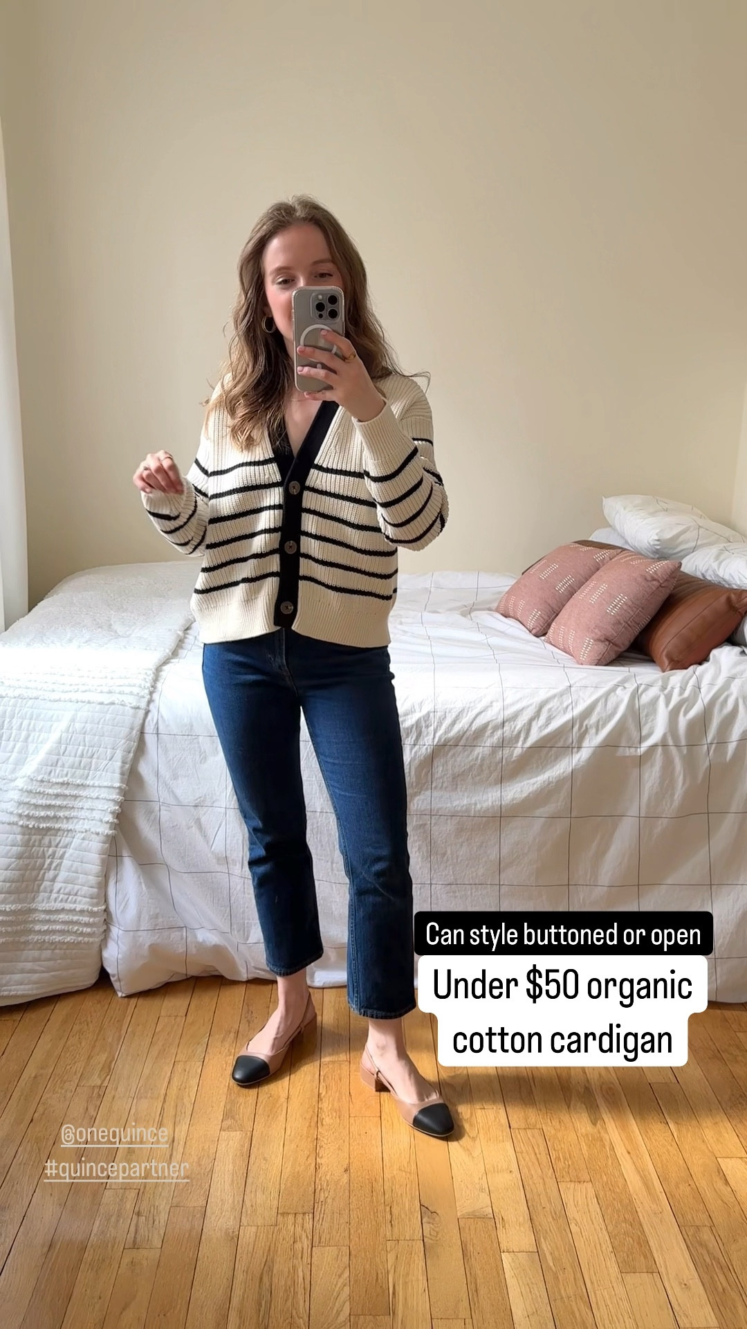 Organic cotton cardigan under $50 plus free shipping. Wearing xs If between sizes size down. 
@onequince #quincepartner

#LTKStyleTip #LTKFindsUnder50