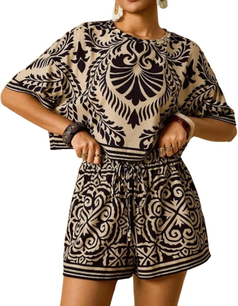 Womens Tropical Print 2 Piece Sets Loose Fit Short Sleeve Top Strappy Shorts Boho Vacation Outfit... | Amazon (US)