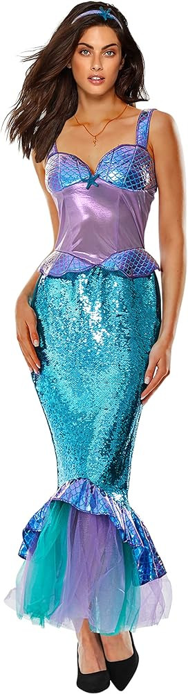 ReneeCho The Mermaid Costume for Women Halloween Sea-maid Tail Dress Adult Blue Sequins Skirts | Amazon (US)