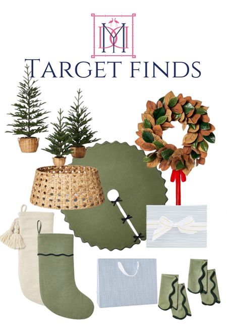 Target Christmas collection! Studio McGee Christmas grandmillennial scalloped green napkins, scalloped green tree skirt, cane tree skirt, tabletop Christmas tree, blue stripe wrapping paper 
