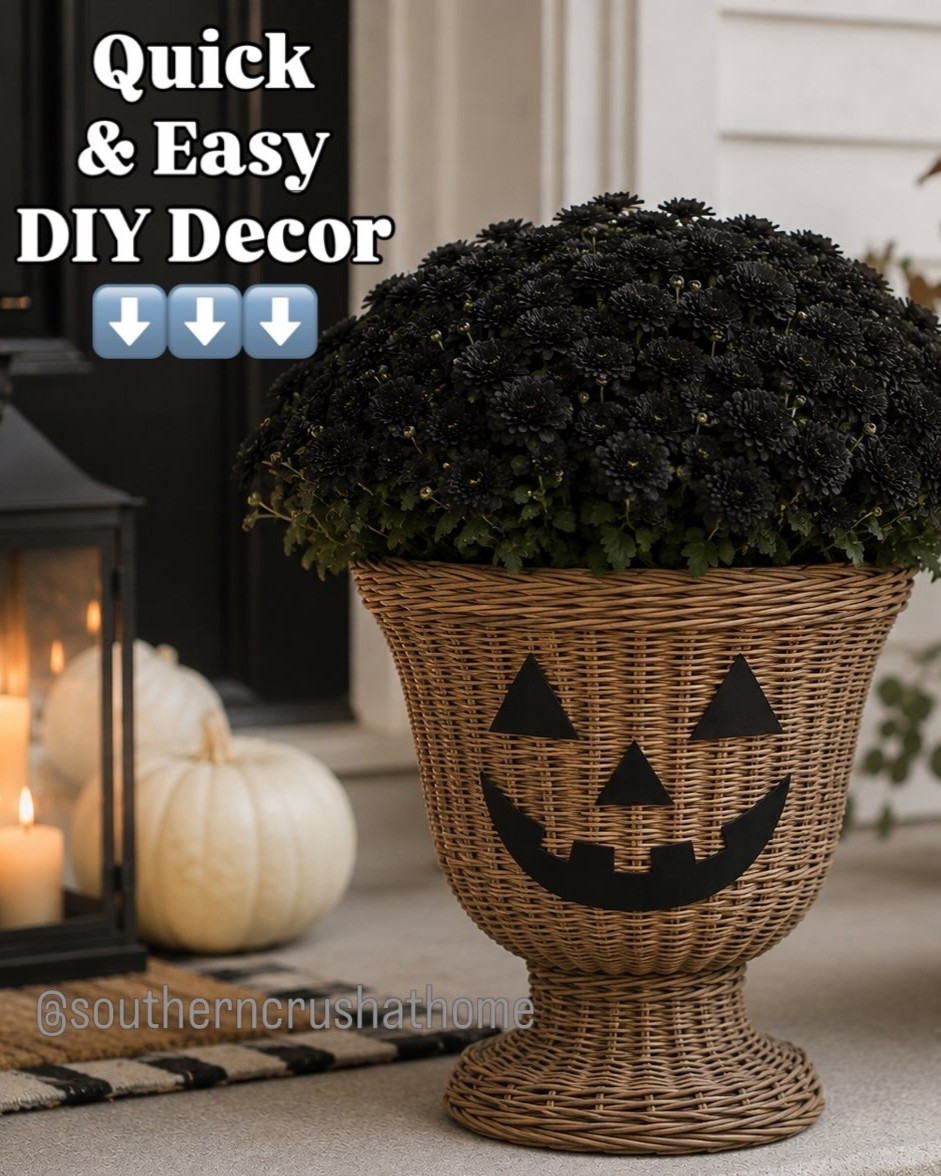 Quick & Easy DIY you can try! 🙌 
Step 1: COMMENT “SHOP” to Grab the woven basket urn 
Step 2: Add a pumpkin jack-o-lantern face using black stickers
Step 3: Spray paint your mums black
(or simply wait for them to die like me 😆)

Let me know what you think of this one below and be sure to share this with a friend! 💕

✅ FOLLOW FOR MORE DIY IDEAS! 

#halloweendecorating #frontporchdecor #walmartfinds