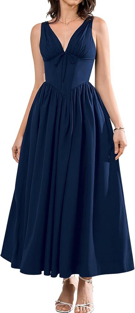 GLNEGE Women's Summer Corset Midi Milkmaid Dress Casual V Neck Flowy A Line Sundress Wedding Gues... | Amazon (US)