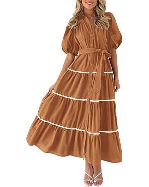 PRETTYGARDEN Women's Summer Button Down Shirt Dress Short Puffy Sleeve Tiered Ruffle Flowy Long M... | Amazon (US)