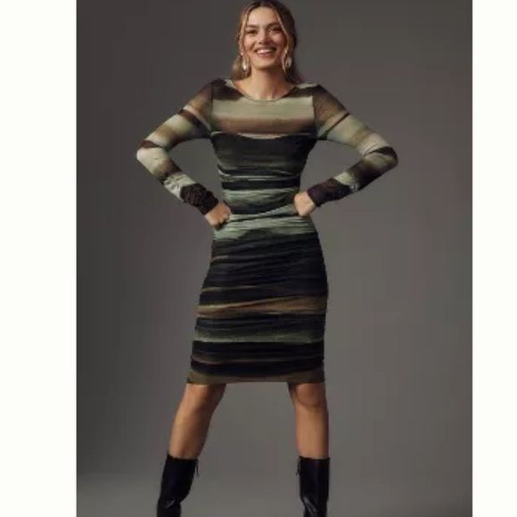 Anthropologie Ruched Mock-Neck Long-Sleeve Midi Dress M | Poshmark