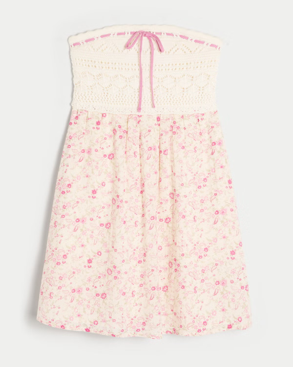 Strapless Crochet-Style Mix Mini Dress | Hollister (US)