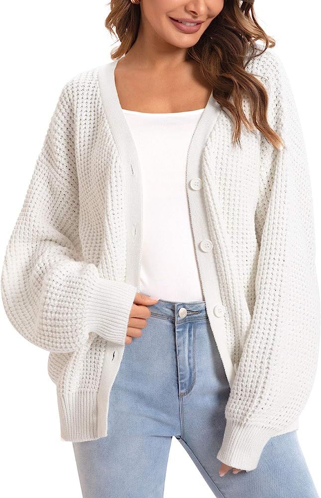 QUALFORT Women's Cardigan Sweater 100% Cotton Button-Down Long Sleeve Oversized Knit Cardigans | Amazon (US)