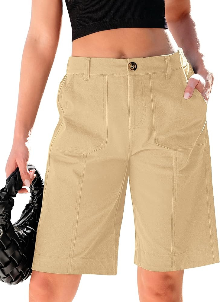 luvamia Bermuda Shorts for Women Knee Length High Waisted Cotton Elastic Waist Summer Dressy Casu... | Amazon (US)