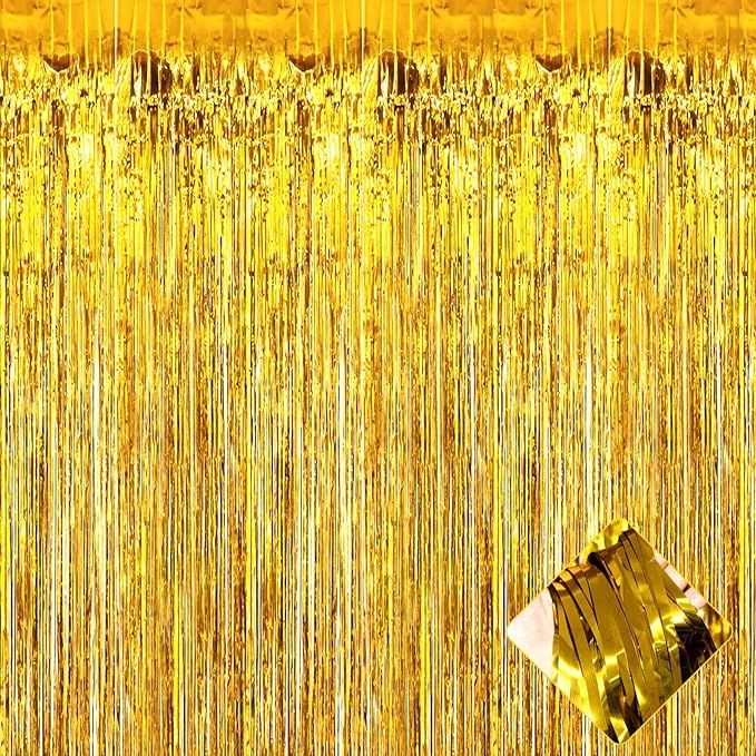 4 Pack Gold Foil Fringe Curtain Backdrop, 3.2Ft x 9.8Ft Metallic Tinsel Foil Fringe Streamers Cur... | Amazon (US)