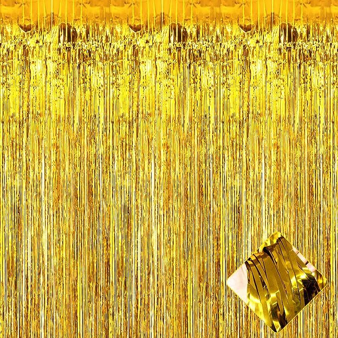 4 Pack Gold Foil Fringe Curtain Backdrop, 3.2Ft x 9.8Ft Metallic Tinsel Foil Fringe Streamers Cur... | Amazon (US)